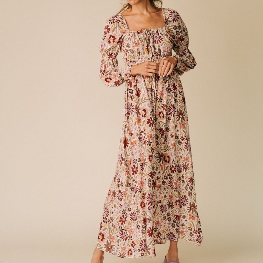 NWT Clad & Cloth floral square neck dress in cream rust S